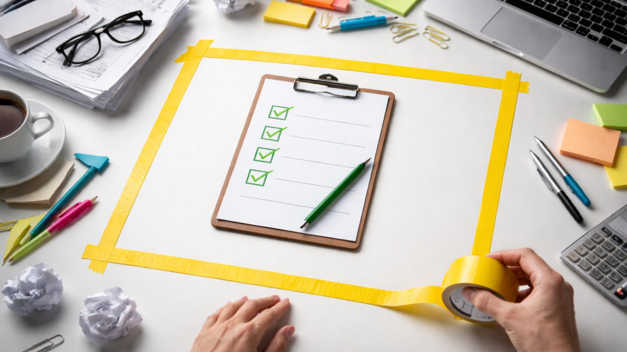 Skrivbord ovanifrån med ett dokument på en skrivplatta, inramat av gul tejp. Runt omkring ligger osorterade papper och kontorsmaterial, medan området innanför tejpen är avgränsat och ordnat.