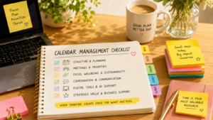 Ett ljust och harmoniskt skrivbord med en öppen “Calendar Management Checklist” om struktur, möten, fokus och strategiskt arbete. Runt anteckningsboken syns laptop, kaffekopp, post-it-lappar och färgkodade flikar som förstärker känslan av planering, överblick och professionell kalenderhantering.