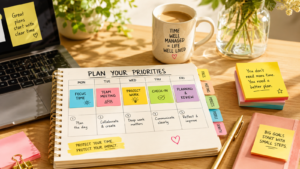 Ett varmt och inspirerande skrivbord med en öppen veckoplanering för prioriteringar och fokusarbete. På bordet finns laptop, kaffekopp, färgglada post-it-lappar och anteckningar om struktur, planering och hållbara arbetsdagar i mjukt morgonljus.