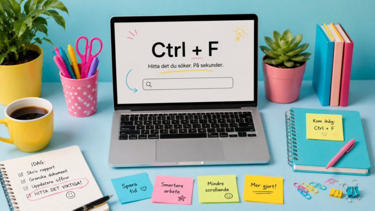 Färgglad skrivbordsmiljö med en laptop där texten “Ctrl + F” visas på skärmen. Runt datorn finns anteckningsblock, post-it-lappar, pennor, kaffe och gröna växter i glada pastellfärger. Bilden illustrerar hur sökfunktionen Ctrl+F hjälper dig att hitta information snabbt och arbeta mer effektivt.
