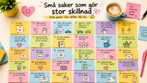 Färgglad illustration med post-it-lappar som listar små vardagliga handlingar som kan göra stor skillnad för andra människor. Runt lapparna syns kaffe, växter och skrivbordstillbehör i glada pastellfärger. Bilden förmedlar omtanke, vänlighet och enkla sätt att göra vardagen lite trevligare.