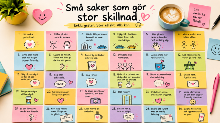 Färgglad illustration med post-it-lappar som listar små vardagliga handlingar som kan göra stor skillnad för andra människor. Runt lapparna syns kaffe, växter och skrivbordstillbehör i glada pastellfärger. Bilden förmedlar omtanke, vänlighet och enkla sätt att göra vardagen lite trevligare.